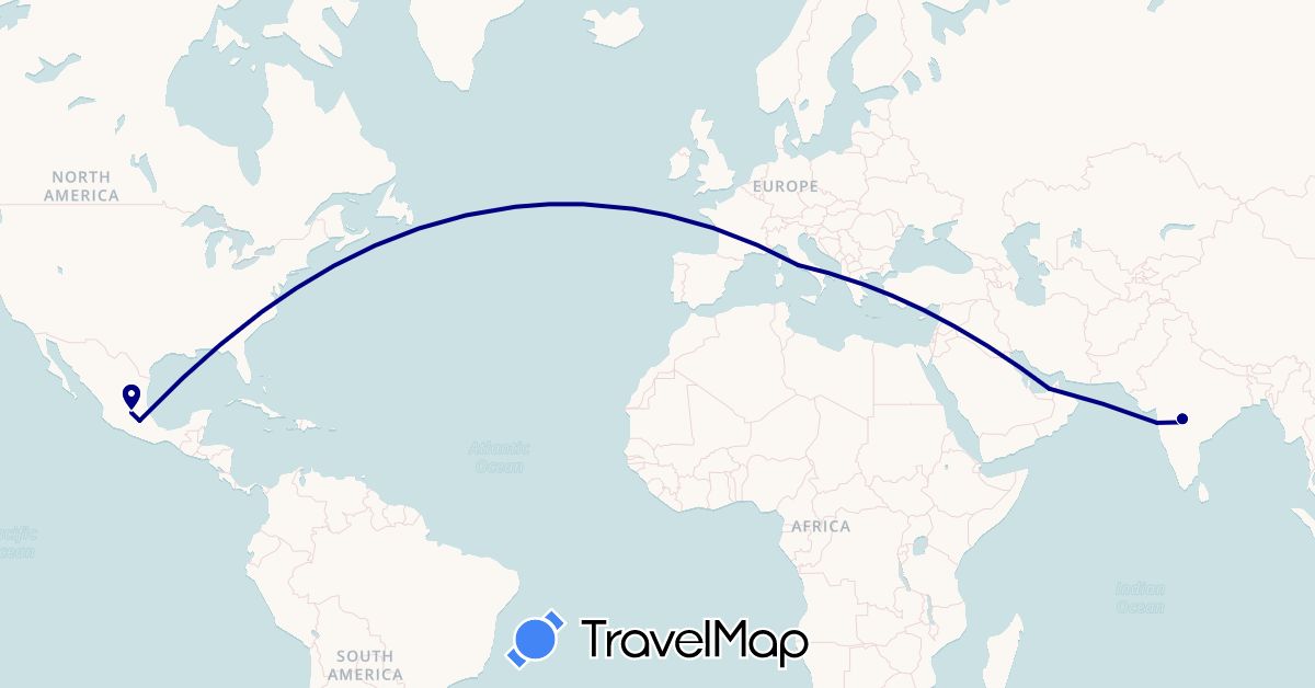 TravelMap itinerary: driving in United Arab Emirates, India, Italy, Mexico (Asia, Europe, North America)